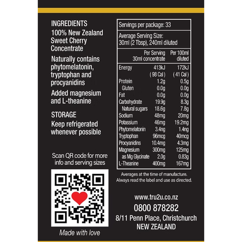 Tru2U NZ Sweet Cherry Plus Concentrate Sleep Support with Magnesium 1 litre